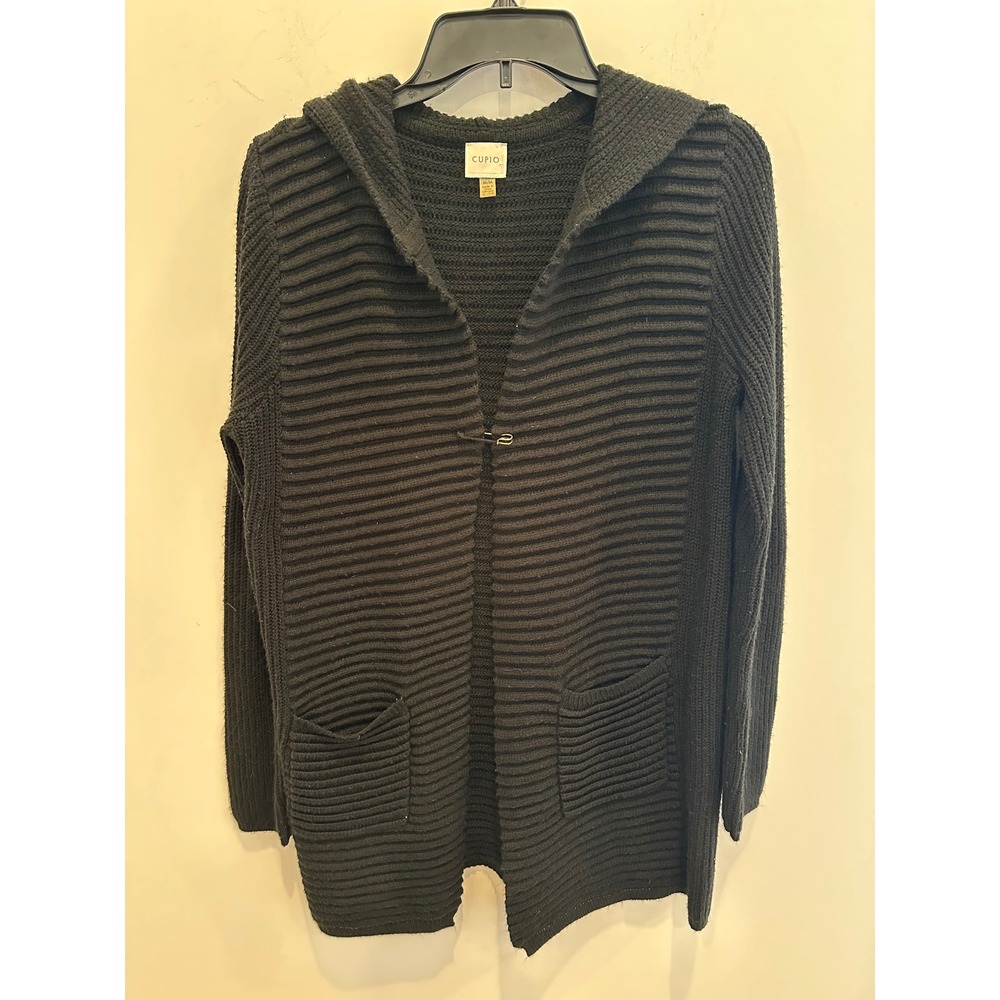 Cupio Women Black Ribbed Knit Hooded Cardigan Sweater Open Front Medium